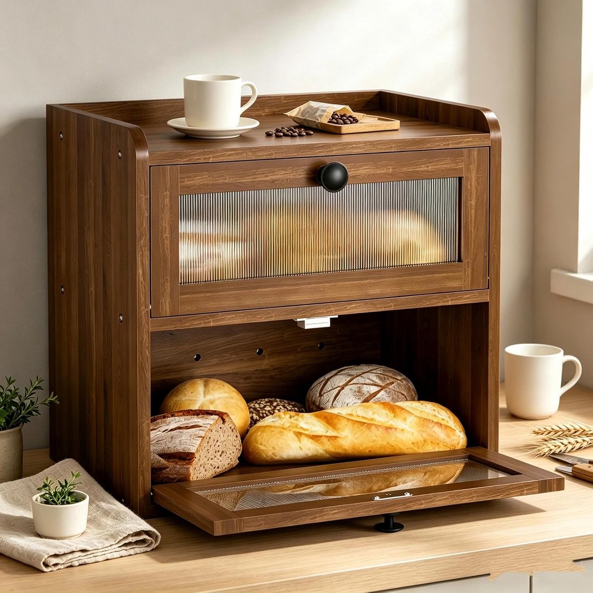 Wooden Lunch Box with 2 Levels, Large Lunch Box Made of Solid Pine Wood with Magnetic Closure and Double Window, Lunch - ShopVlot