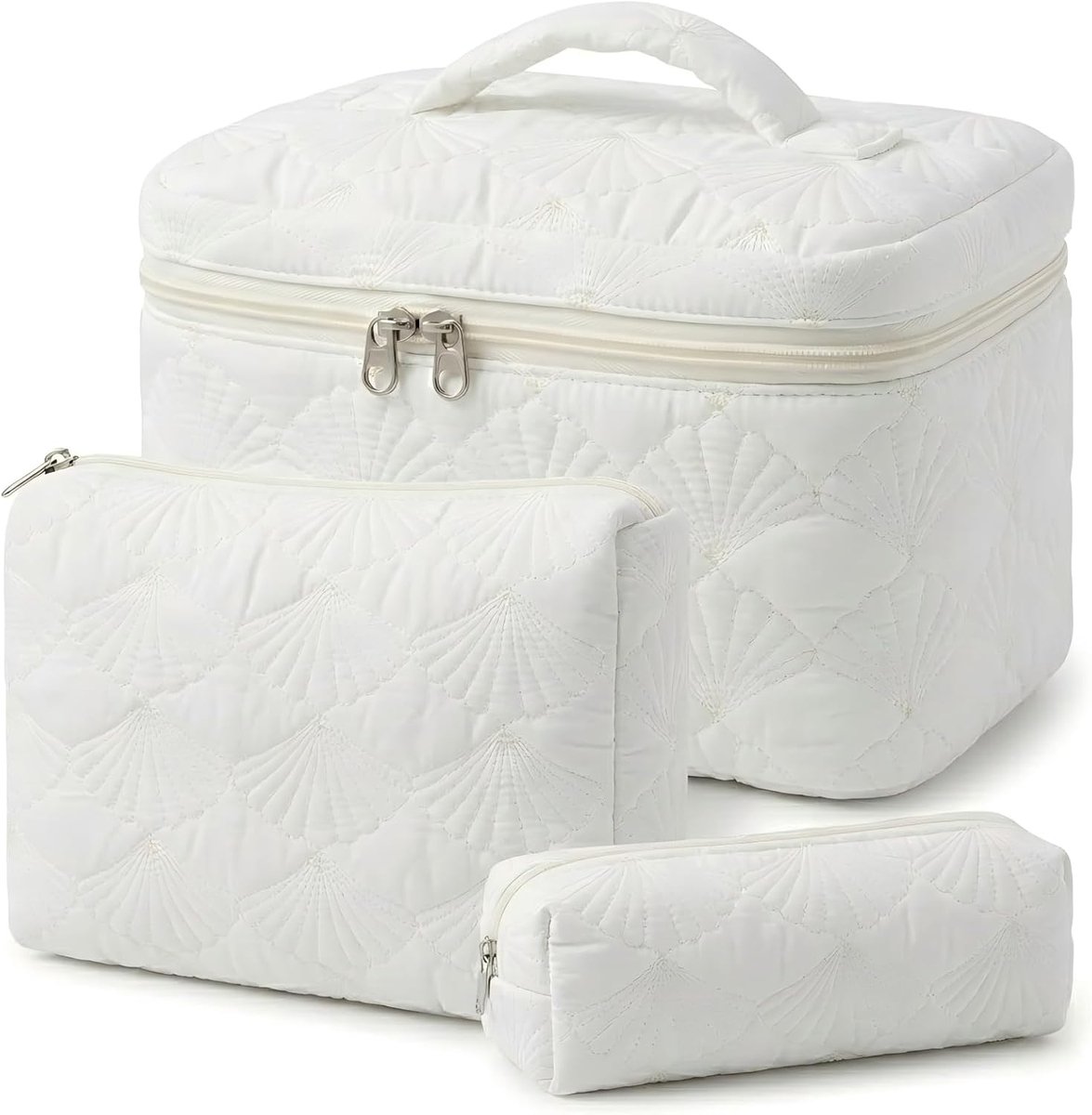 Set van 3 make-uptassen, toilettas voor dames met bloemenpatroon, Geborduurde schelp, 3Pcs, Klassiek - ShopVlot