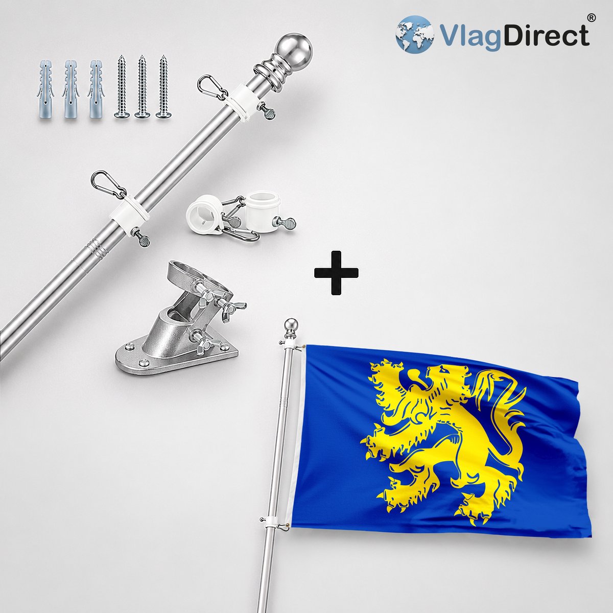 VlagDirect - Compleet vlaggenpakket - Zilveren vlaggenstok inclusief vlaggenstokhouder + Zottegemse vlag - Gemeente Zottegem vlag - 90 x 150 cm.