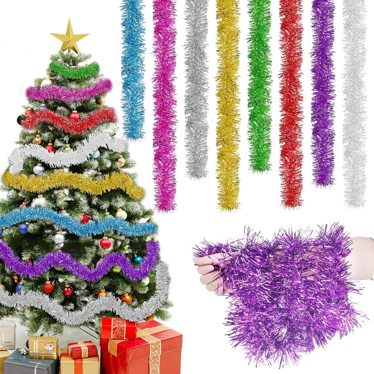 Lametta Christmas Tree 4 x 2 m Christmas Garland 8 m Christmas Decoration Lametta Garland in Gold, Blue, Green, White - ShopVlot