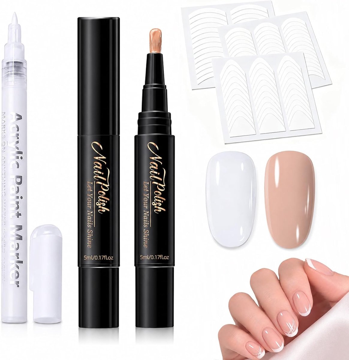 Nageldesignset - 2 witte nagelpenselen - met nagelstickers en stift - ideale set voor French manicure - ShopVlot