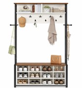 CINK Living Kapstok met Schoenenbank - 13 Haken en 14 Vakken - Voor 12-14 Paar Schoenen - Belastbaar tot 150 kg - Bruin en Wit