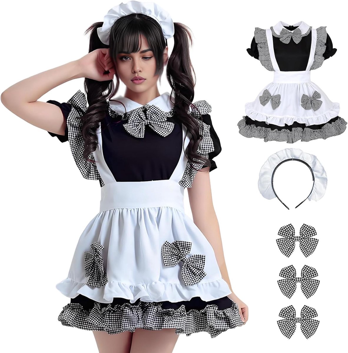 Maid dress meisje - zwart-wit geblokt - schattige outfit - perfect voor Halloween of carnaval - ShopVlot