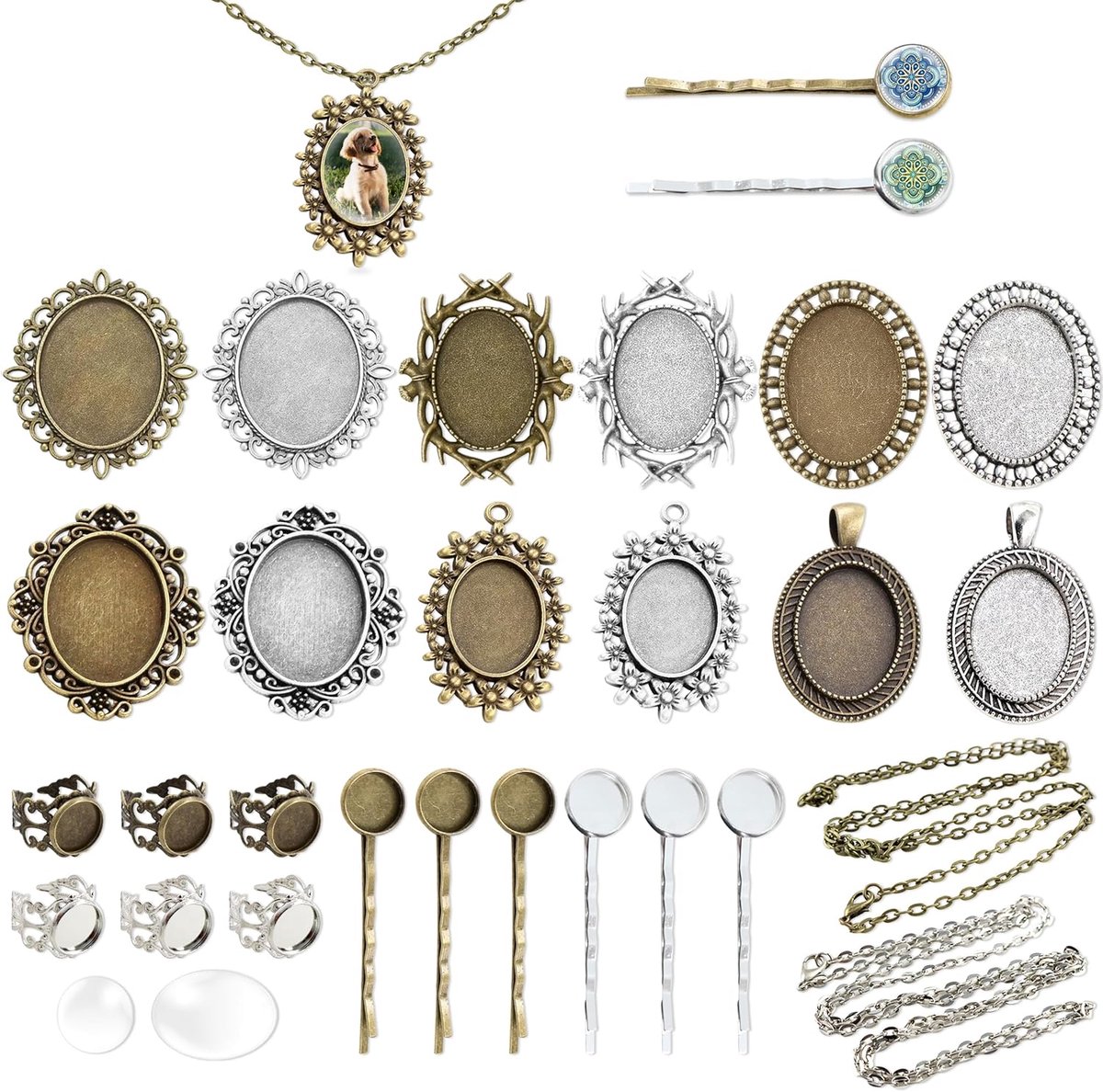Pendant trays set 54-delige set - blanke bezel basis onderdelen - creatief project - veelzijdige gebruiksmogelijkheden - ShopVlot
