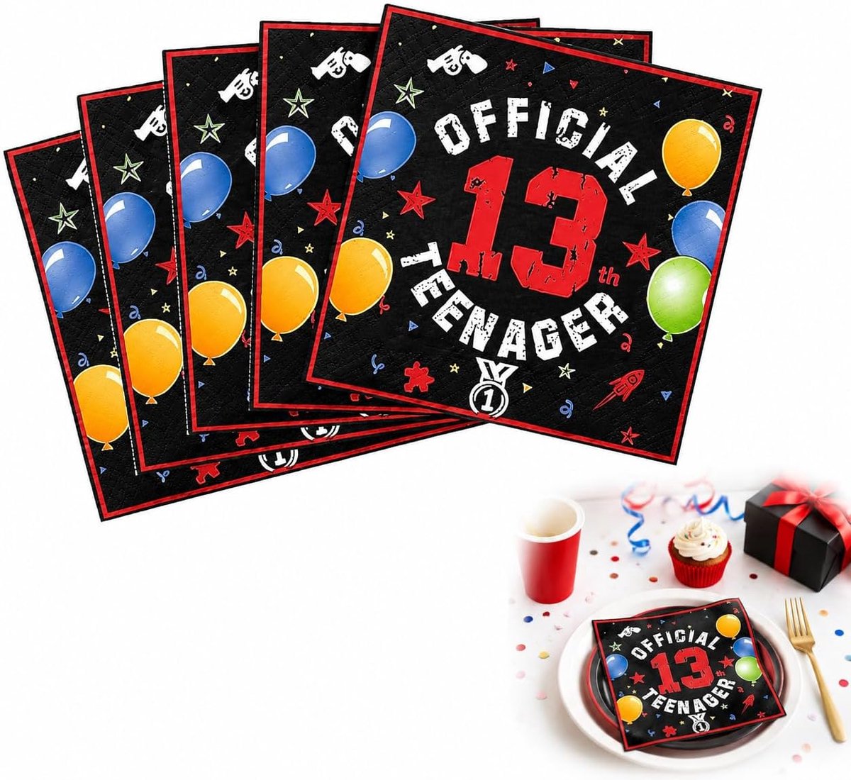 Servetten 13e Verjaardag Jongens Meisjes 40 Stuks - 33 x 33 cm Zwart Rood - Papieren Servetten Feestdecoratie - ShopVlot