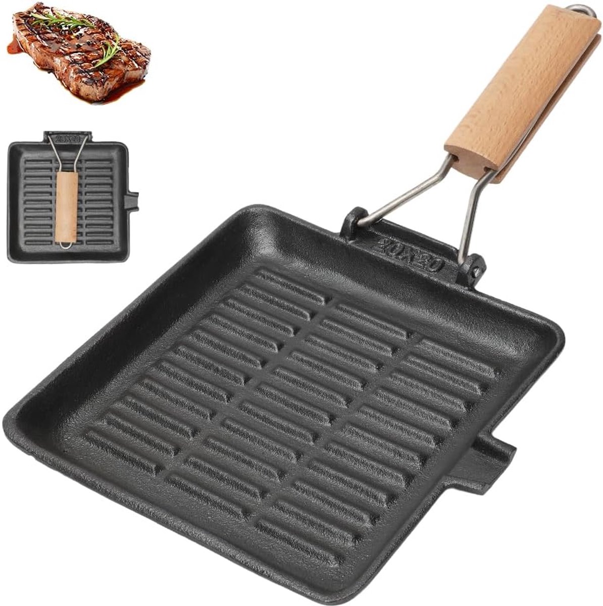 Steakpan 20 x 20 cm - gietijzeren grillpan - inklapbare houten handgreep - perfecte warmtegeleiding - ShopVlot