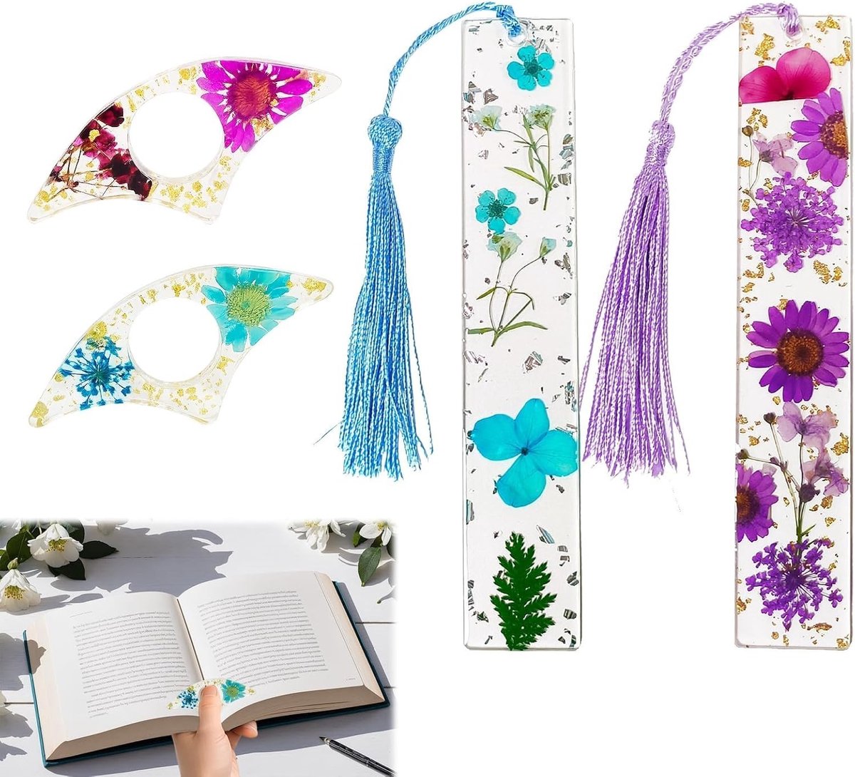 Boekaccessoires Set van 4, Transparante Boeksteunen met Kwastjes en Gedroogde Bloemen, Pagina-Houders en Boekenleggers voor Lezers, Studenten en Docenten