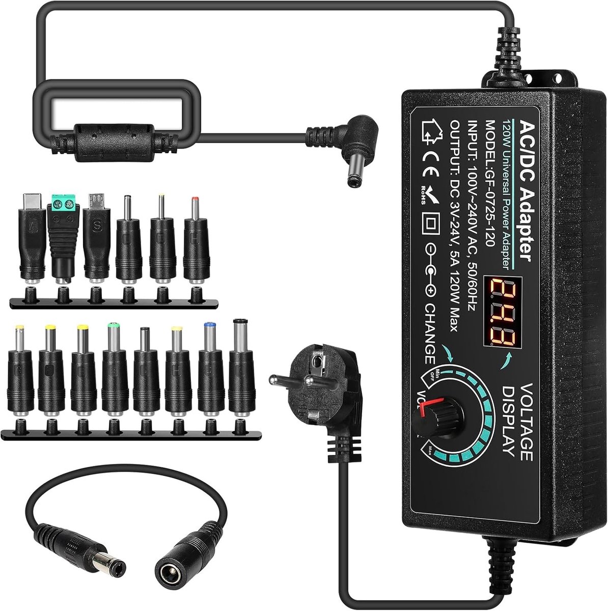 DEWIN Universal Power Adapter, Adjustable Power Adapter, 120 W, AC Power Adapter with Variable Change, 100 V-240 V AC - ShopVlot