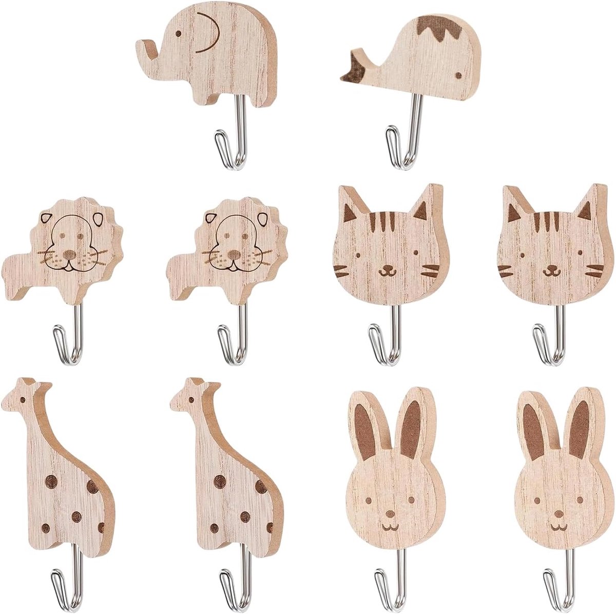 10 stuks schattige dierenkledinghaken, zelfklevende houten dierencartoon-wandhaken voor kinderen, olifant, walvis - ShopVlot