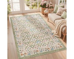 Vangao Vloerkleed, groen, 140 x 200 cm, vintage bloemenpatroon, kleurrijk, boho, laagpolig - ShopVlot
