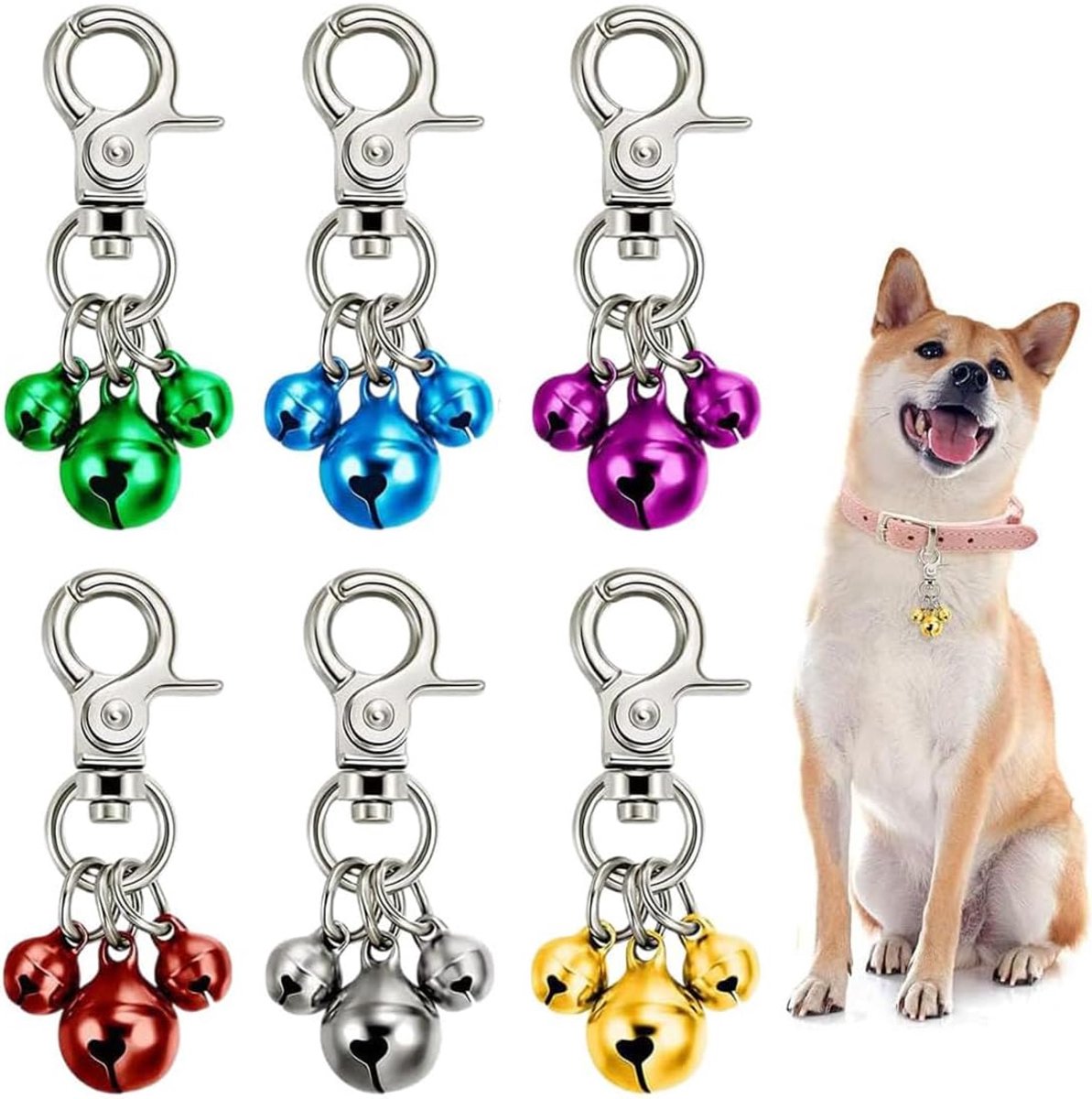 Set of 6 pet bells for collars - loud dog bells with key ring in 6 colours - ShopVlot