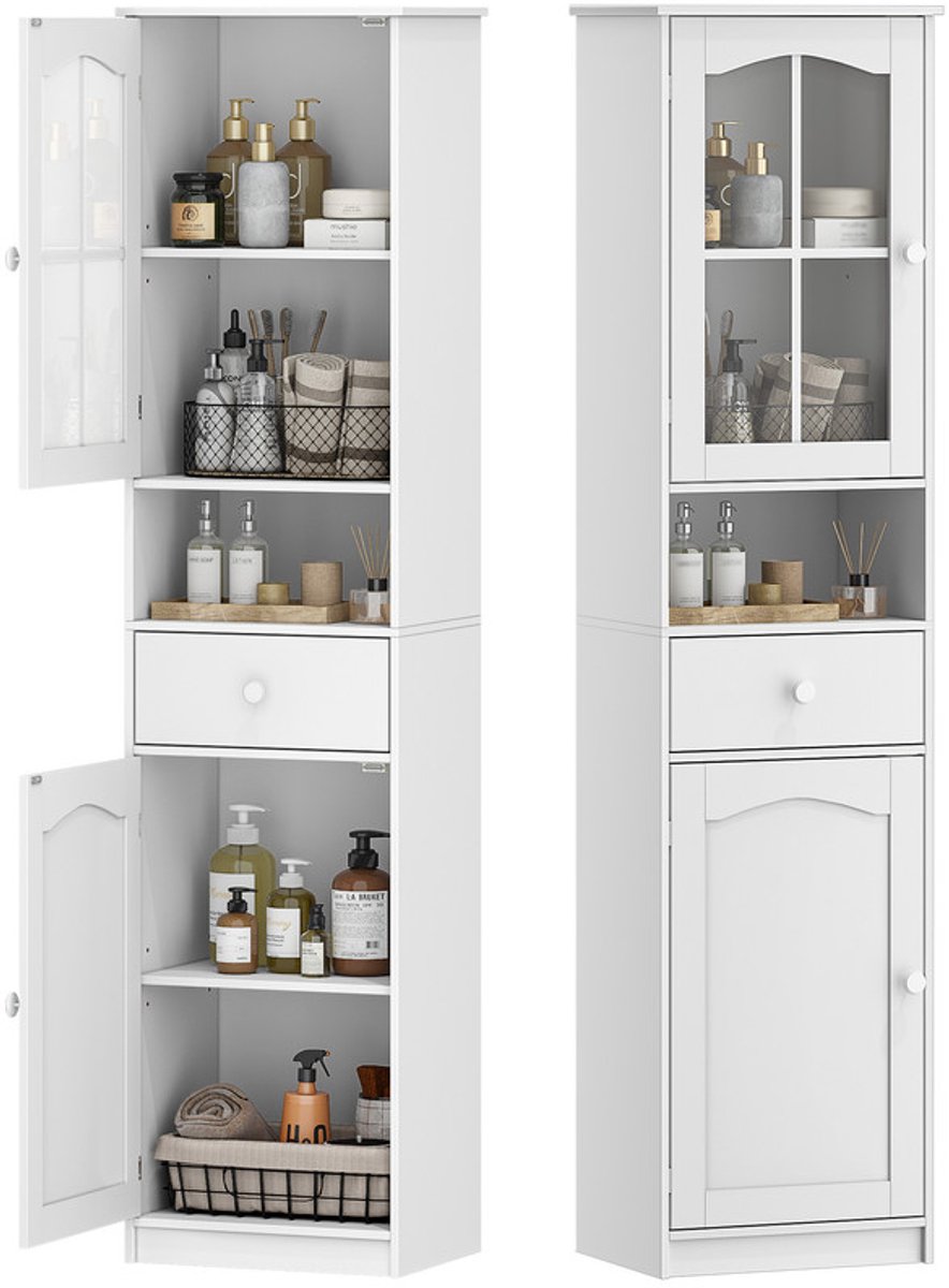 Hzuaneri Badkamerkast met glazen deuren – Hoge kast met 2 deuren, 1 lade en verstelbare planken ,Geschikt voor badkamer en woonkamer,40 x 30 x 170 cm , Wit