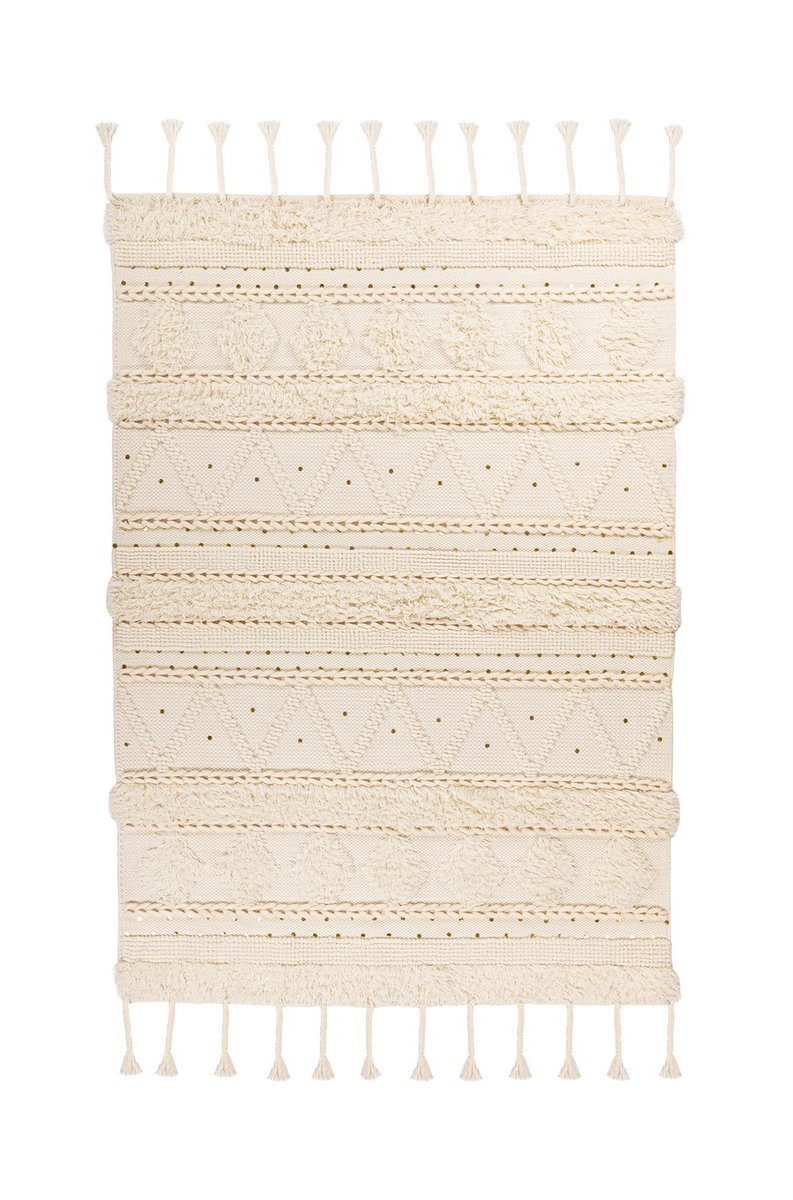 Padiro laagpolig vloerkleed 200 x 290 cm - crème - boho streeppatroon - met franjes - geschikt voor vloerverwarming - van wol en katoen en pailletten