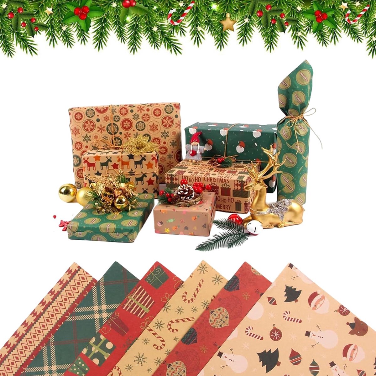 Solidchoice - Set van 6 Vouwbare Kerst Cadeaupapier