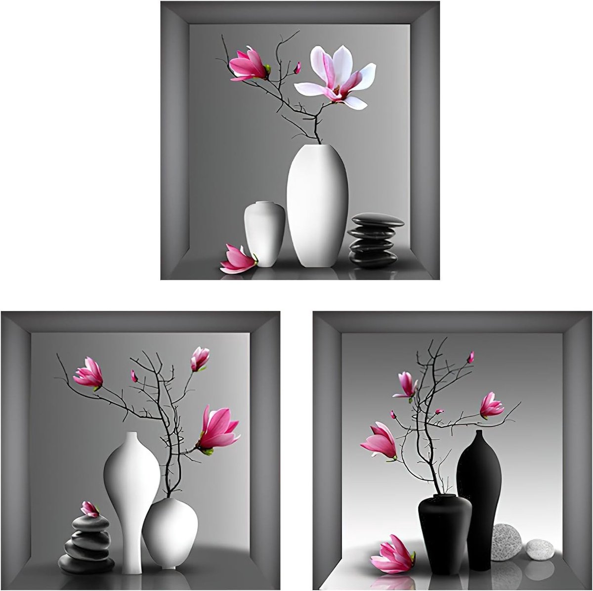 Solidchoice - Set van 3 Wandstickers met 3D Bloemenvazen voor Woonkamers
