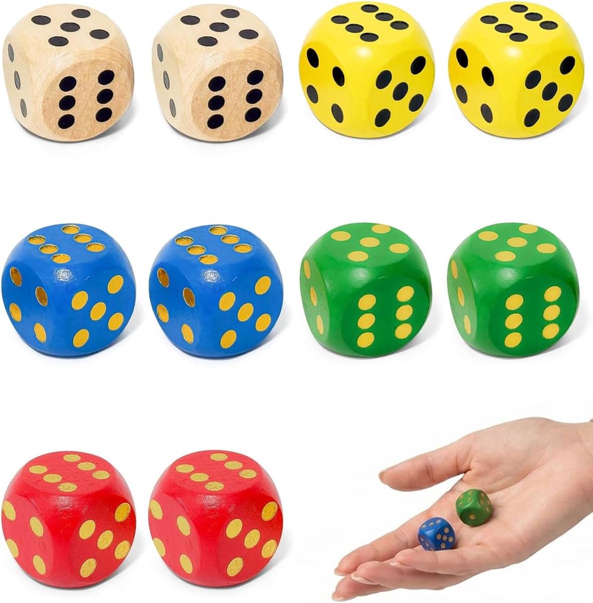 Houten dobbelstenen set van 10 - 30 mm groot - levendige kleuren - ideaal voor tuinspellen - ShopVlot