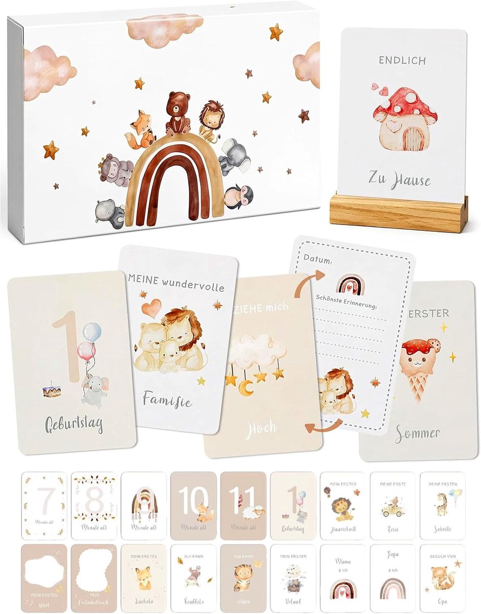 Baby mijlpaalkaartenset 50 fotokaarten - houten standaard - herinneringskaarten voor het eerste levensjaar - ShopVlot