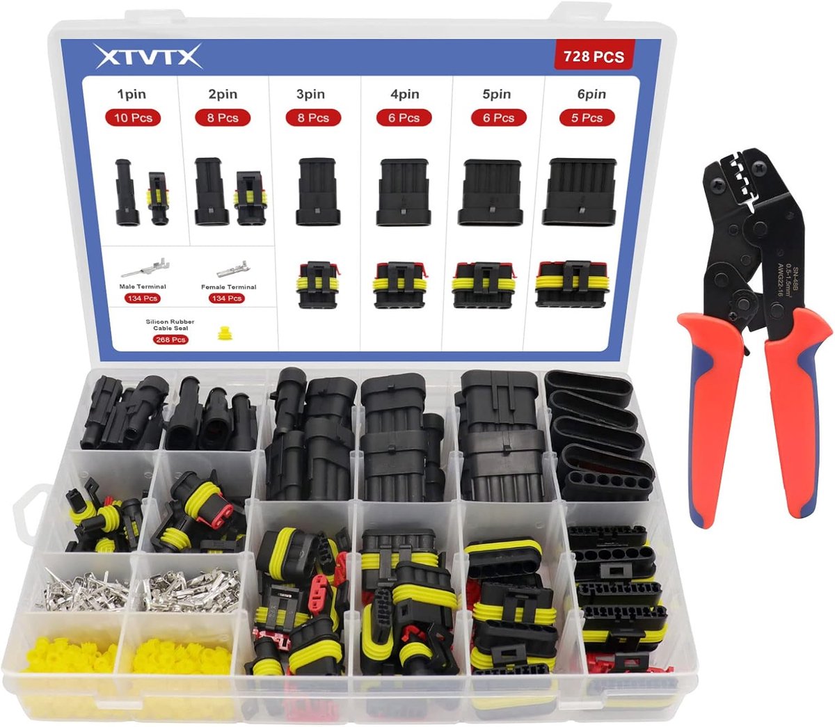 Auto connector set 728 stuks - Waterdichte 12 V stekkers - Inclusief krimptang - ShopVlot