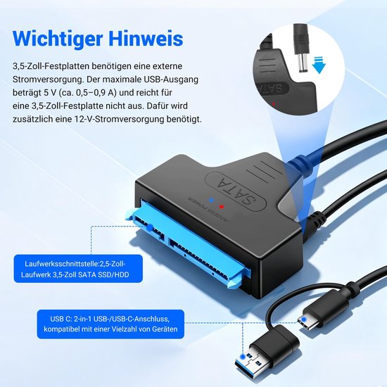 USB adapter voor externe en interne harde schijven 2.5 & 3.5 inch SSD/HDD met 12V 2A voeding, geschikt voor Windows, Mac en Linux, snelle gegevensoverdracht en gebruiksvriendelijk — afbeelding 2