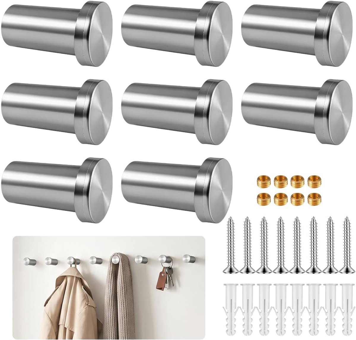 Garderobehaken 8 stuks - Roestvrij staal - Geborsteld zilver - Stevige wandhaak voor badkamer - ShopVlot