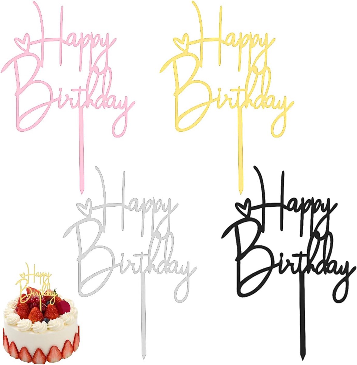 4 Gelukkige Verjaardag Posters, Acryl Materiaal, Dessert Cake Decoratie, Feestelijke Sfeer Lay-Out, Herbruikbaar. - ShopVlot