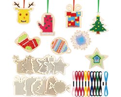 Blulu 24pcs Christmas Wooden Cross Stitch Kits Cross Stitch Christmas Tree Ornaments Hanging Decorations Arts and - ShopVlot