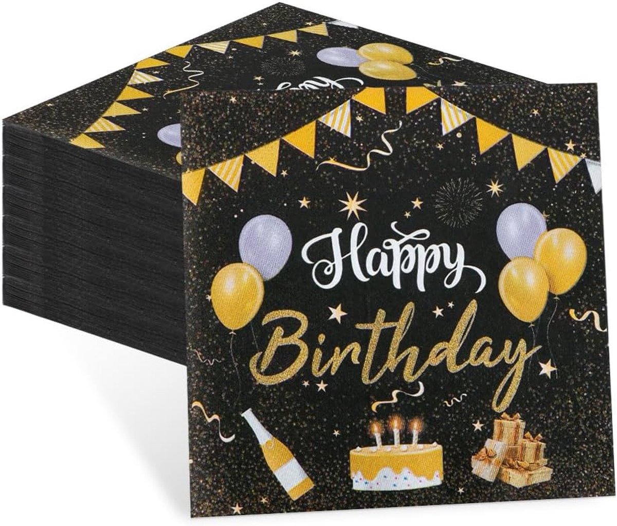 Pack of 60 Birthday Napkins, Black Gold, 33 x 33 cm, Happy Birthday Napkins, Party Birthday Decoration, Happy Birthday - ShopVlot