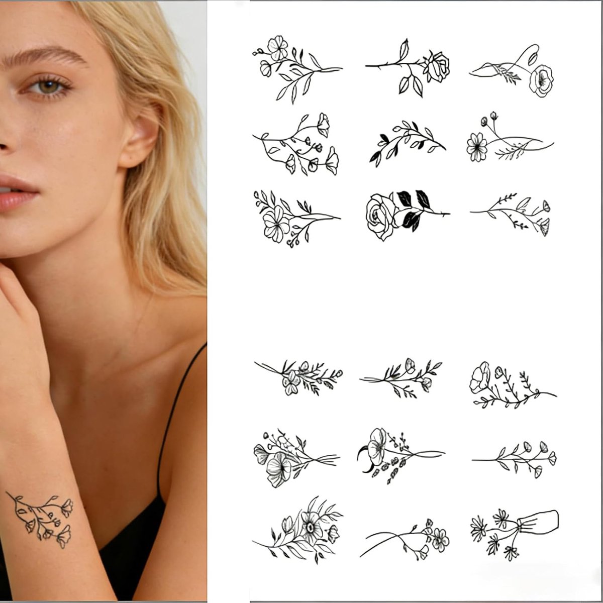 Realistische Lijnkunst Bloemen Tijdelijke Tatoeages 6 Vellen Zwarte Kleine Bloem Tijdelijke Tatoeages Bloem Botanische - ShopVlot