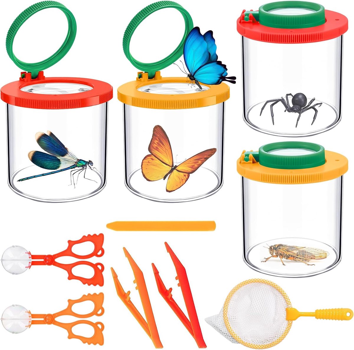 Bekervergrootglas set 10 stuks - 3 en 6 keer vergroting - met pincet en clip - ideaal voor natuuronderzoek - ShopVlot