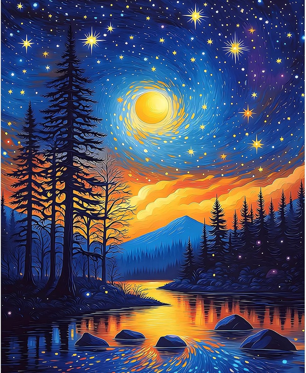 Schilderij op Nummer voor Volwassenen 40x50cm - Sterrenhemel Boslandschap - DIY Acryl Verf Set - ShopVlot