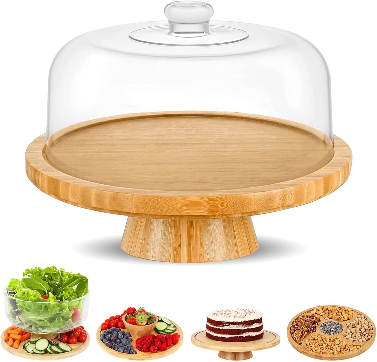 Taartstandaard 6-in-1 multifunctioneel - bamboe en hout - veelzijdig gebruik - perfect voor feest - ShopVlot