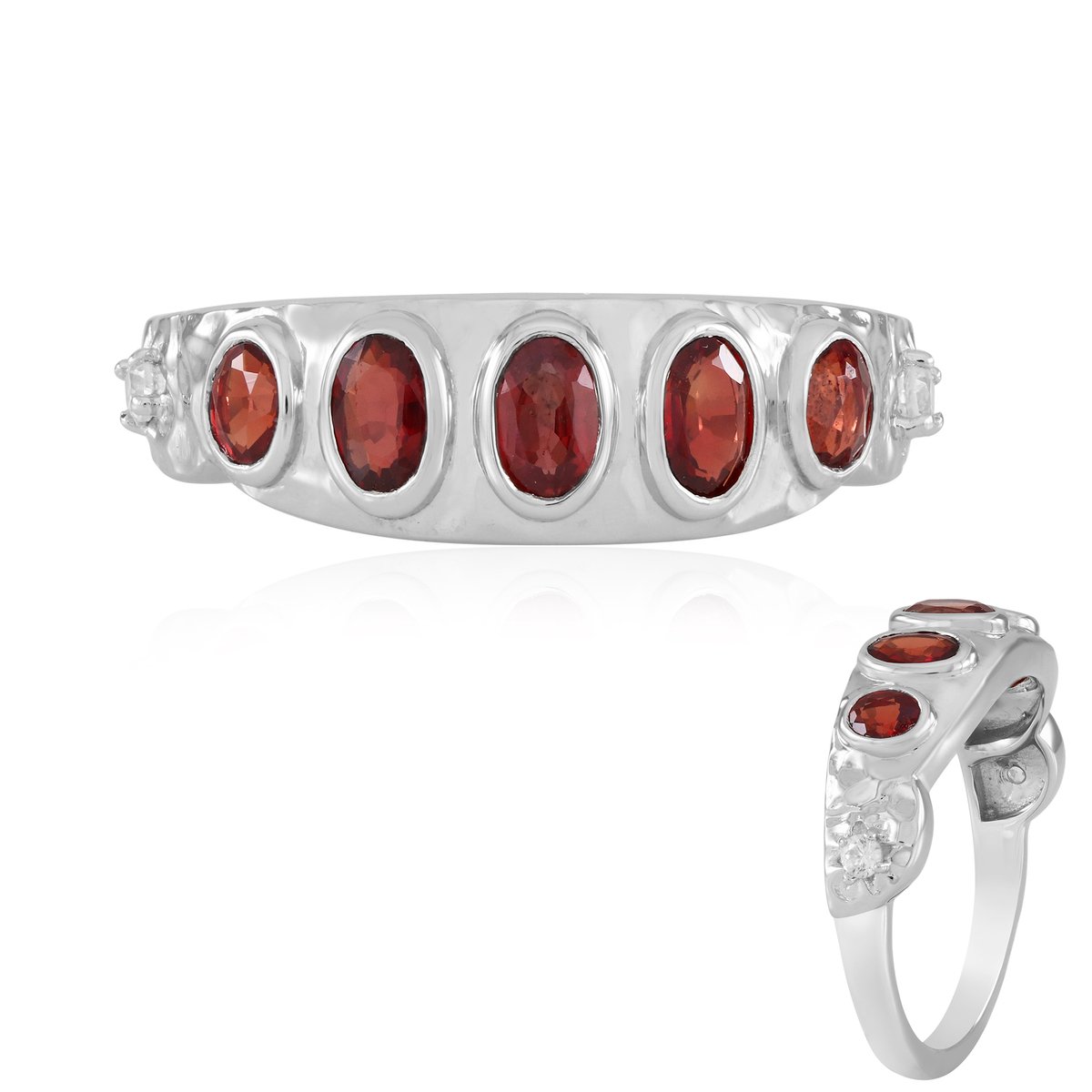 Cavill - Zilveren Ring met 5 Ovale Tanzania Robijnen 1,161 ct - 925 Sterling Zilver Platinering - Bezel Zetting - Fijn & Elegant Dames Sieraad