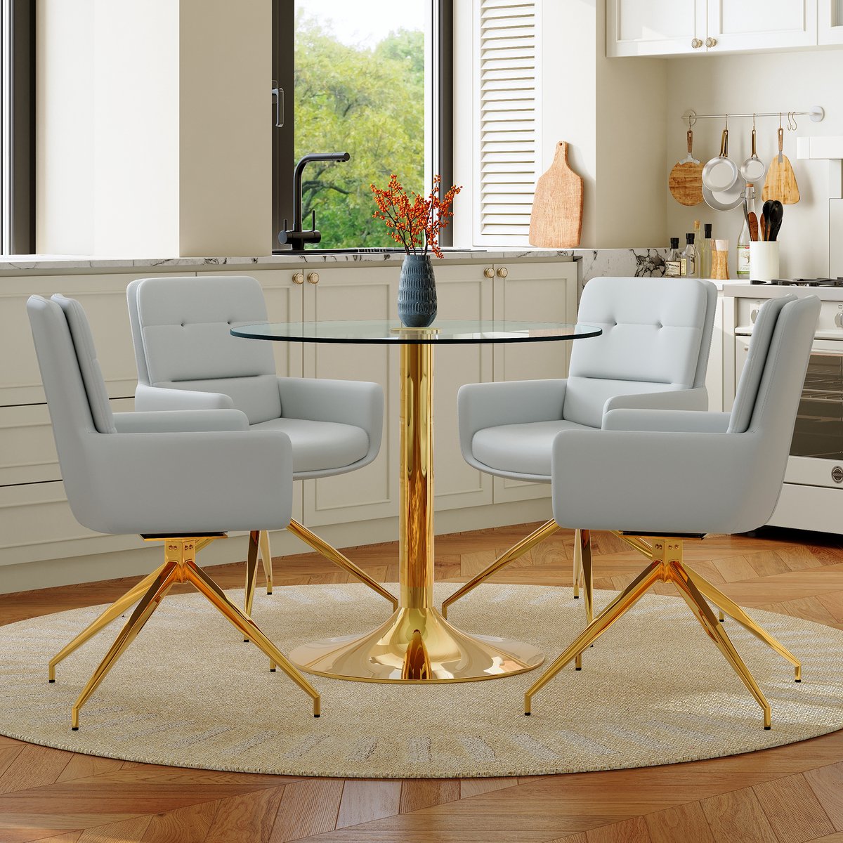 COVREO Ronde eettafel 85 cm goud, glas en metaal met 4 draaistoelen