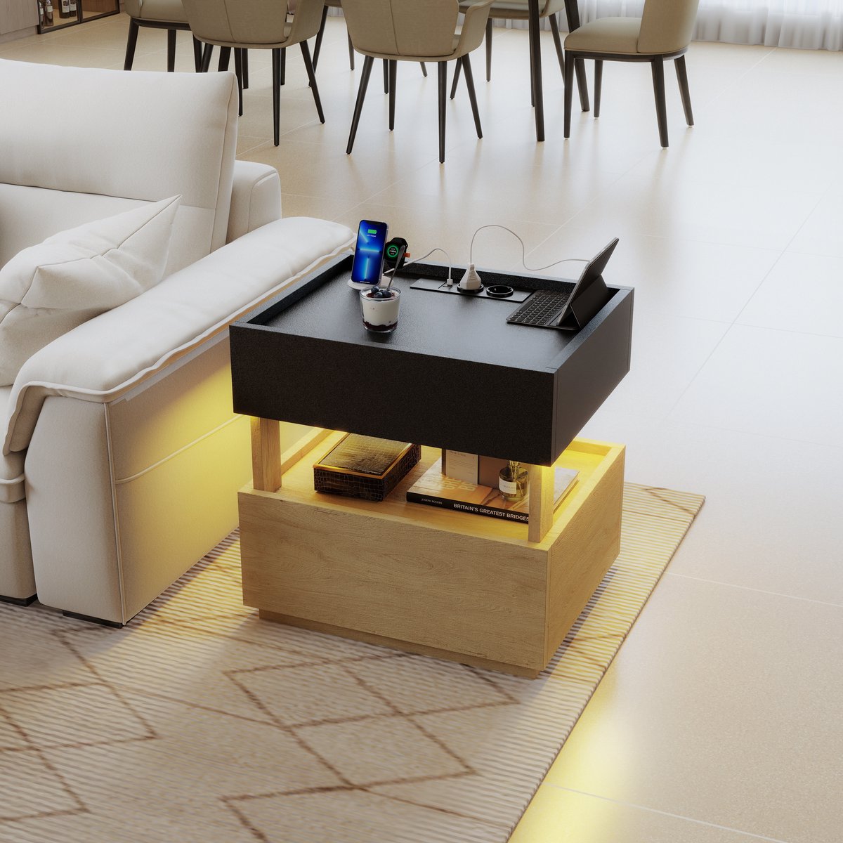 DESMIU Bedtafel Nachtkastje Met Draadloos Opladen USB Poorten En LED Verlichting Voor Slaapkamer Modern Hout Zwart 50x40x50 Cm