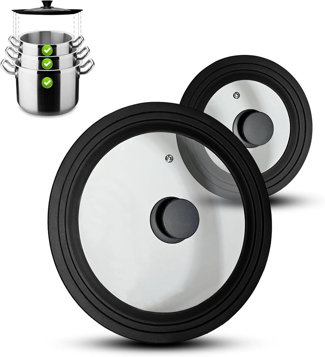 Universele glazen deksels set van 2 - 16/18/20 cm en 24/26/28 cm - met ventilatieklep en siliconen rand - ShopVlot