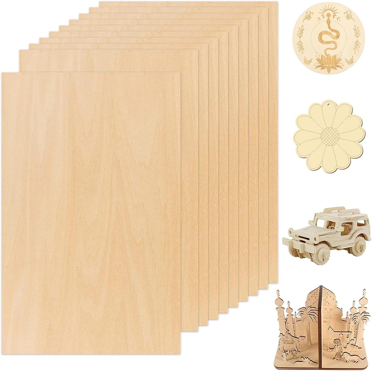 Plywood panelen 200 x 300 mm - 10 stuks - 3 mm dik - voor handgemaakte projecten - ShopVlot