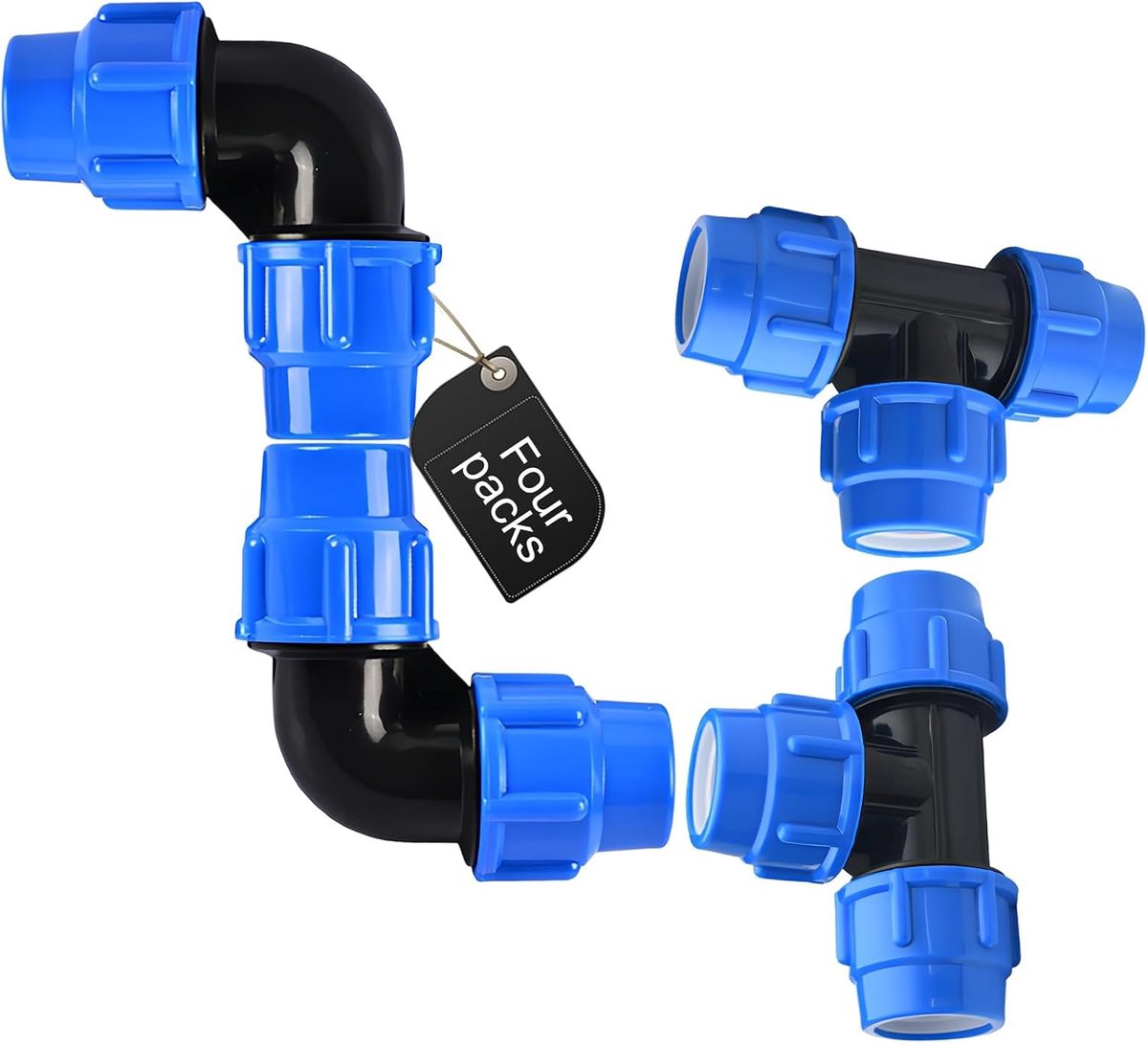 PE buis koppeling 90 graden - 4 stuks waterpijp connectoren - met blauwe dop - voor binnen en buiten gebruik - ShopVlot