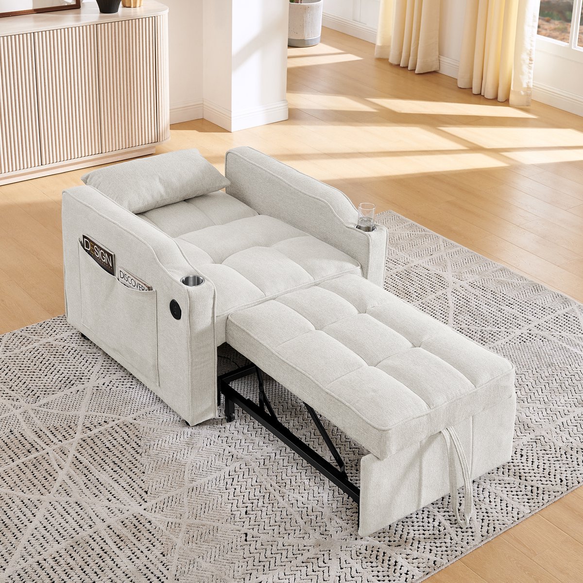 DESMIU Fauteuil 1-Zits - 3-In-1 Slaapfauteuil Met USB En USB-C, Verstelbare Rugleuning En Zijvakken - Voor Woonkamer En Logeerkamer - Stof - Beige