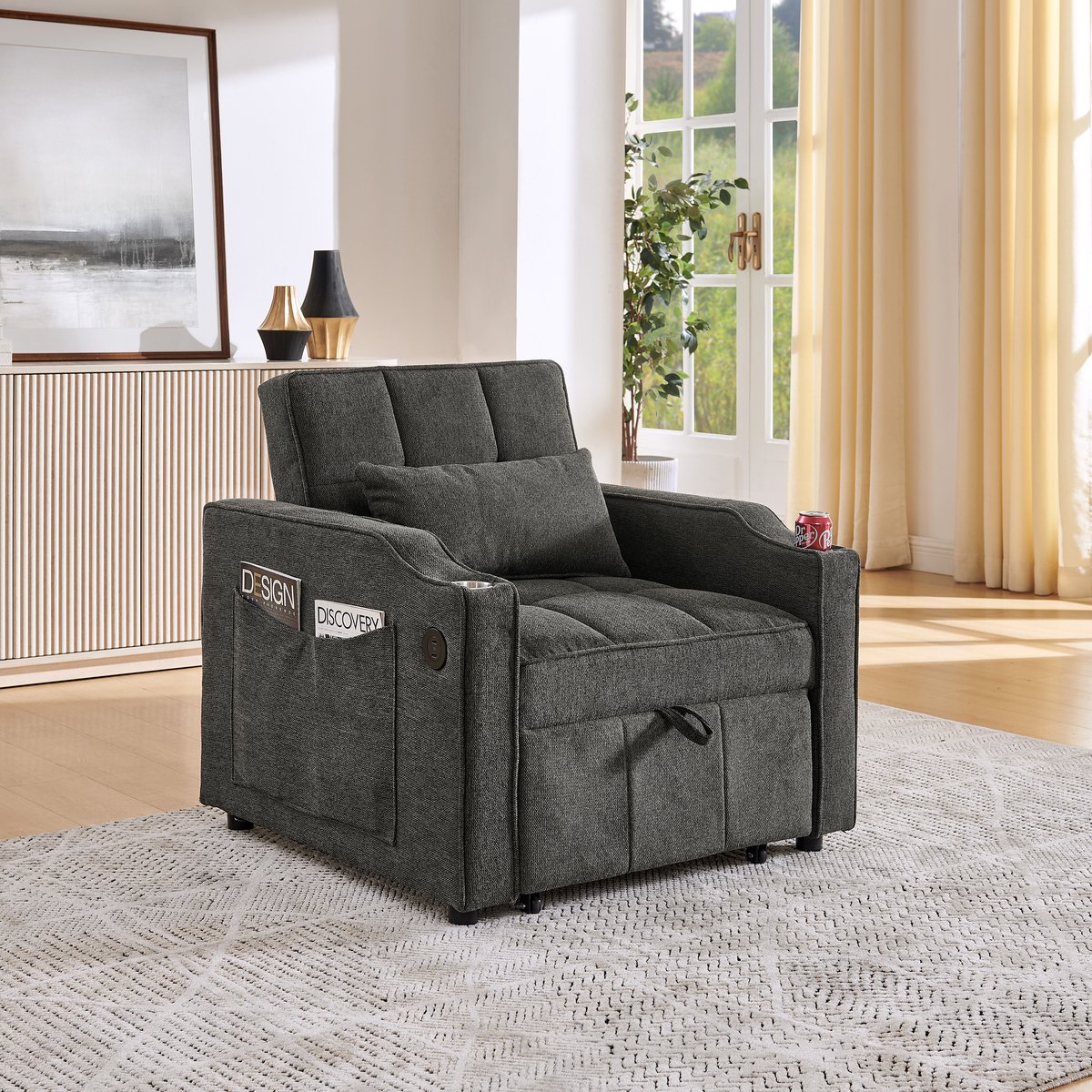 DESMIU Slaapfauteuil 85 Cm - 3 In 1 Met Verstelbare Rugleuning, Usb-C En Rvs Bekerhouder - Voor Woonkamer En Logeerkamer - Stof - Donkergrijs