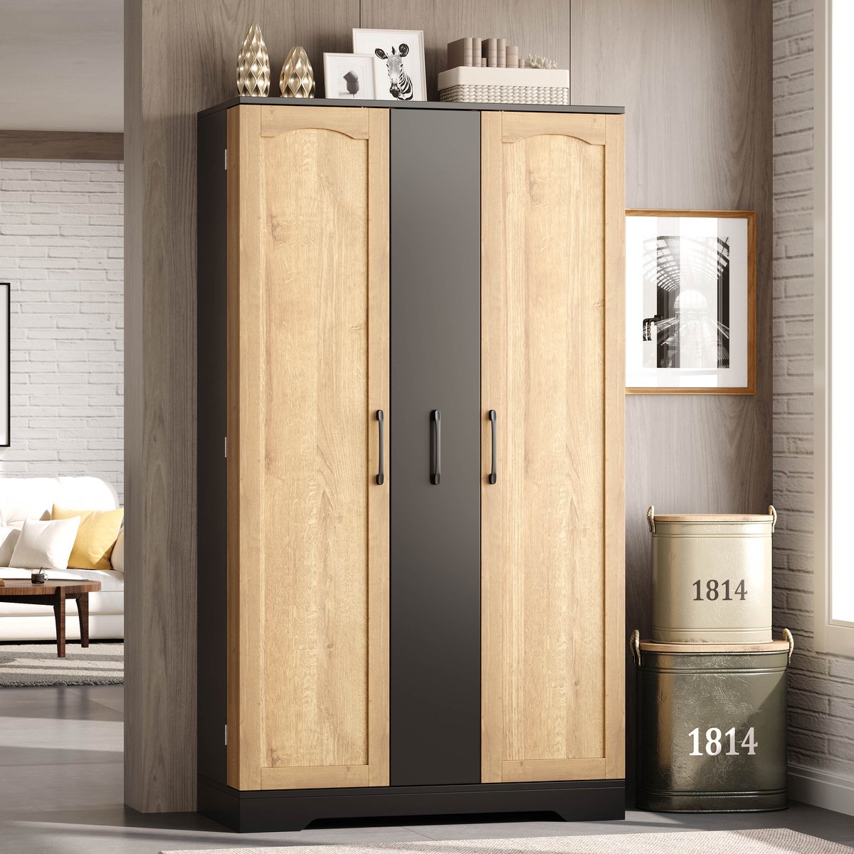 DESMIU Keukenkast - Ruime Opbergkast Met 4 Traps Verticale Uittrek En Verstelbare Planken - Voor Keuken En Eetkamer - MDF - Zwart - 150 X 78 X 40 Cm