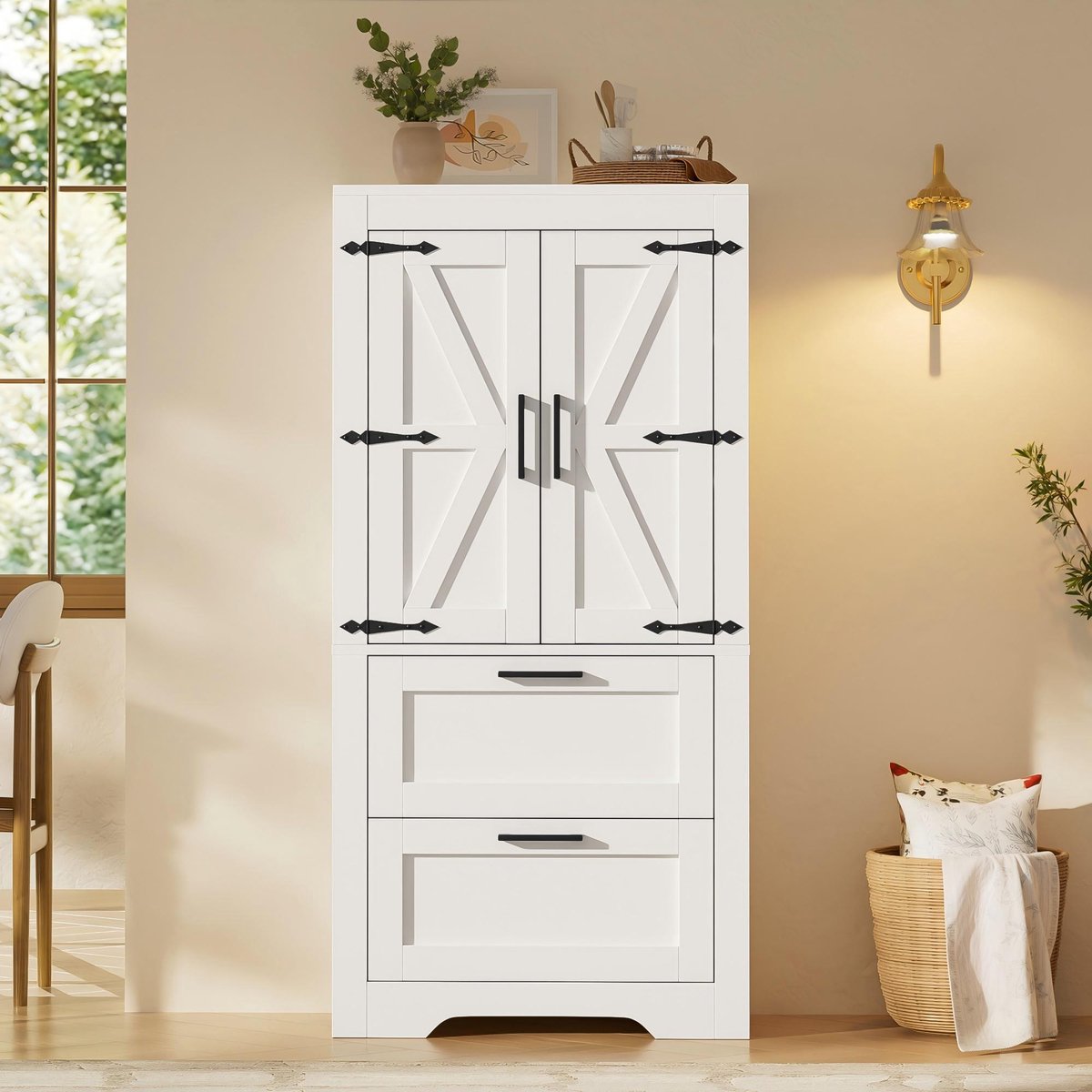 DESMIU Keukenkast - Landelijke Opbergkast Met 2 Lades En Verstelbare Legplanken - Voor Keuken Eetkamer En Woonkamer - MDF Wit - 60x30x128 Cm