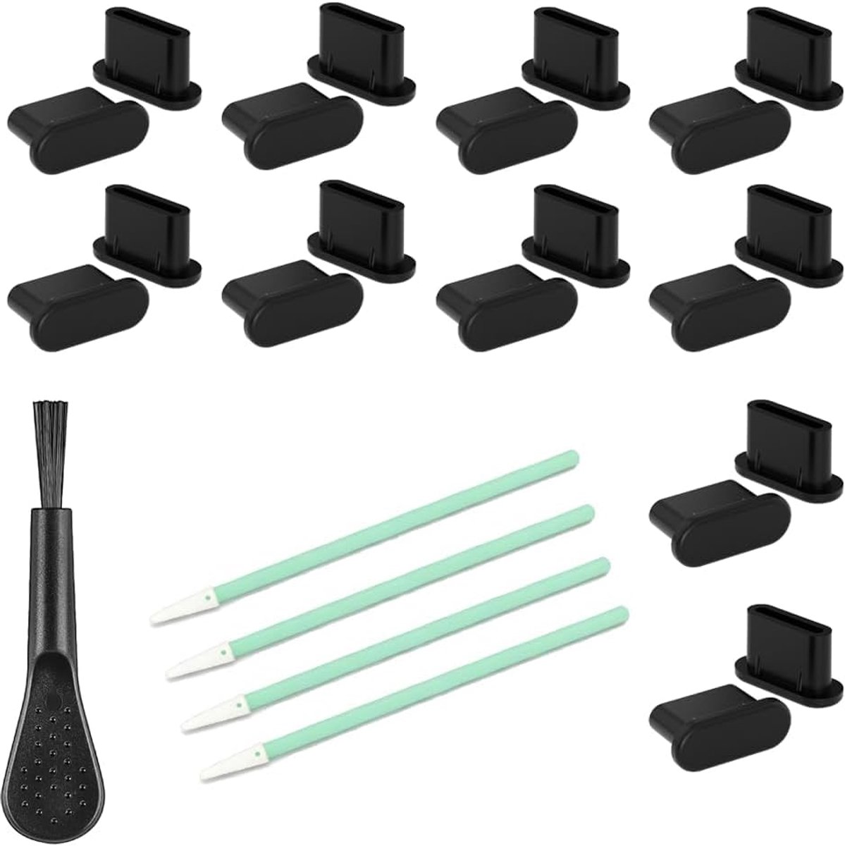 USB C stofbescherming set - 20 stuks siliconen zwart - met wattenstaafjes en reinigingsborstel - ShopVlot