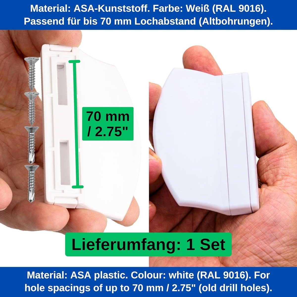 Deurtrekker wit RAL 9016 - ASA kunststof - 25 mm hoog - ideaal voor schuifdeuren - ShopVlot