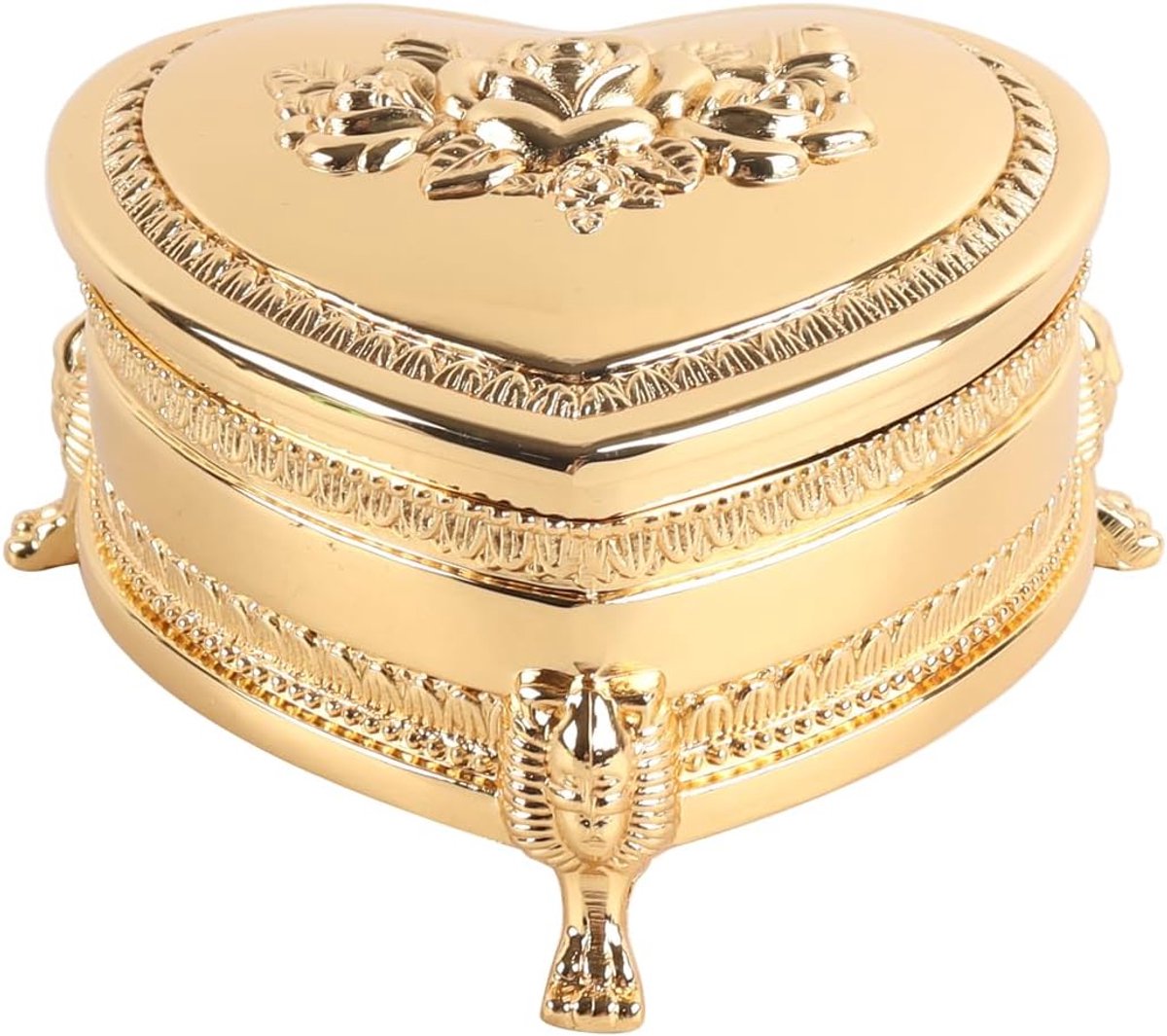 Sieradendoosje compact - vintage metaal - gegraveerd gouden hart - perfect voor kleine sieraden - ShopVlot