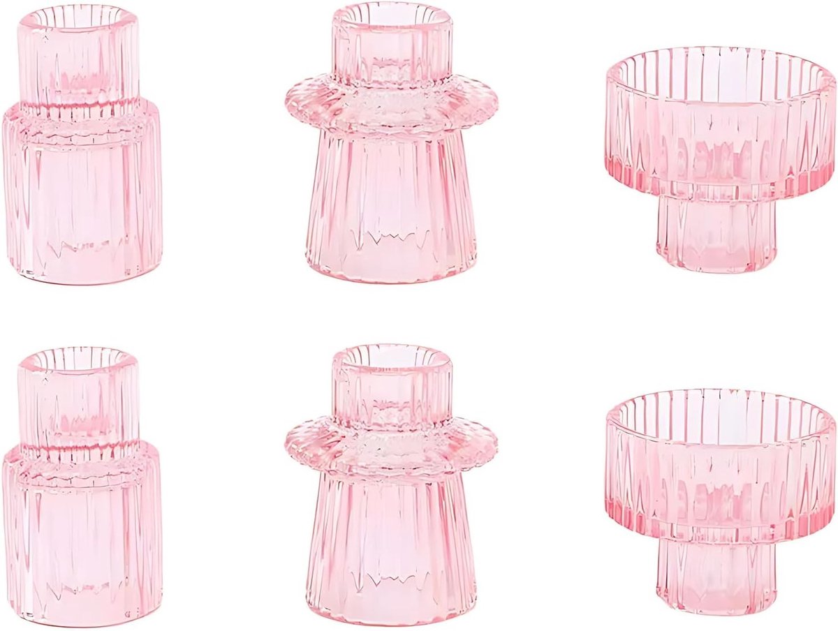 Kaarsenhouders Set - Roze - 7 x 4 x 6 cm - Glazen Kristallen Votief en Pijler - Voor Tafel en Decoratie