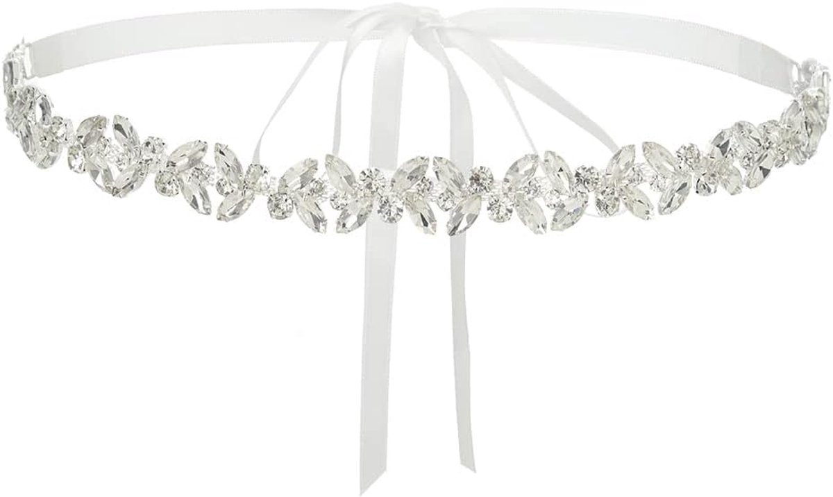 IYOU Sparkling Crystal Bridal Sash Belt with Rhinestone Embellishment and White Ribbon for Women - ShopVlot