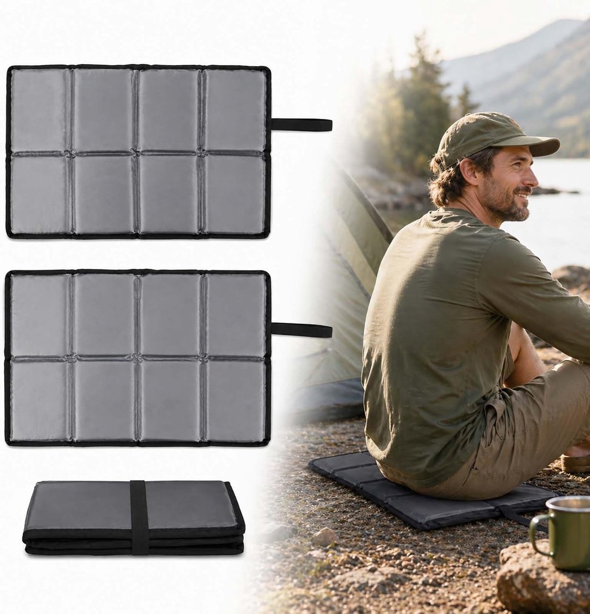 2 opvouwbare campingkussens, 37 x 28 cm, waterdicht, met zilveren coating, warm, gevuld met parelwol, compact, licht - ShopVlot
