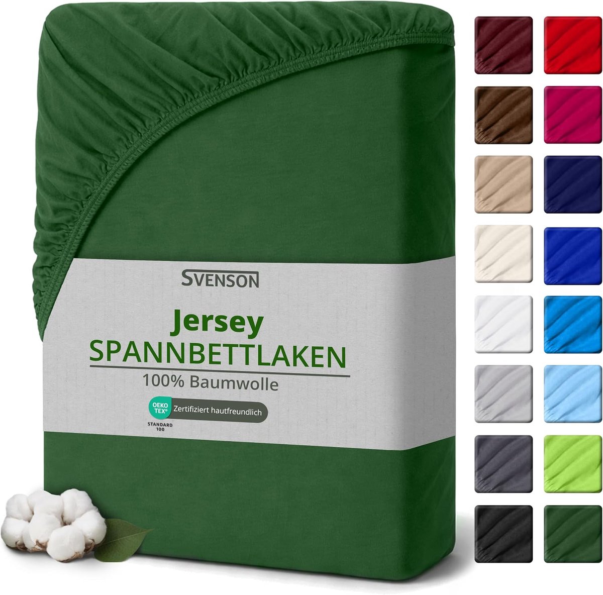 Svenson Jersey Fitted Sheet Made of Cotton - Soft, Elastic and Comfortable for Everyday Use, 90 x 200 cm, Dark Green - ShopVlot