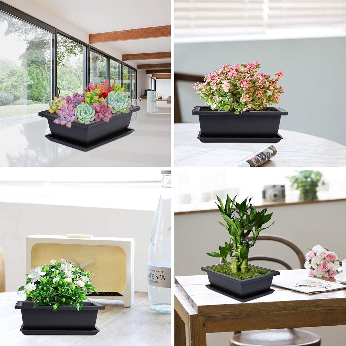 6 Piece Bonsai Pot - Deep Wet Tray Built-in Net for Plants, Flowers, Herbs, Square Plastic Pots - ShopVlot