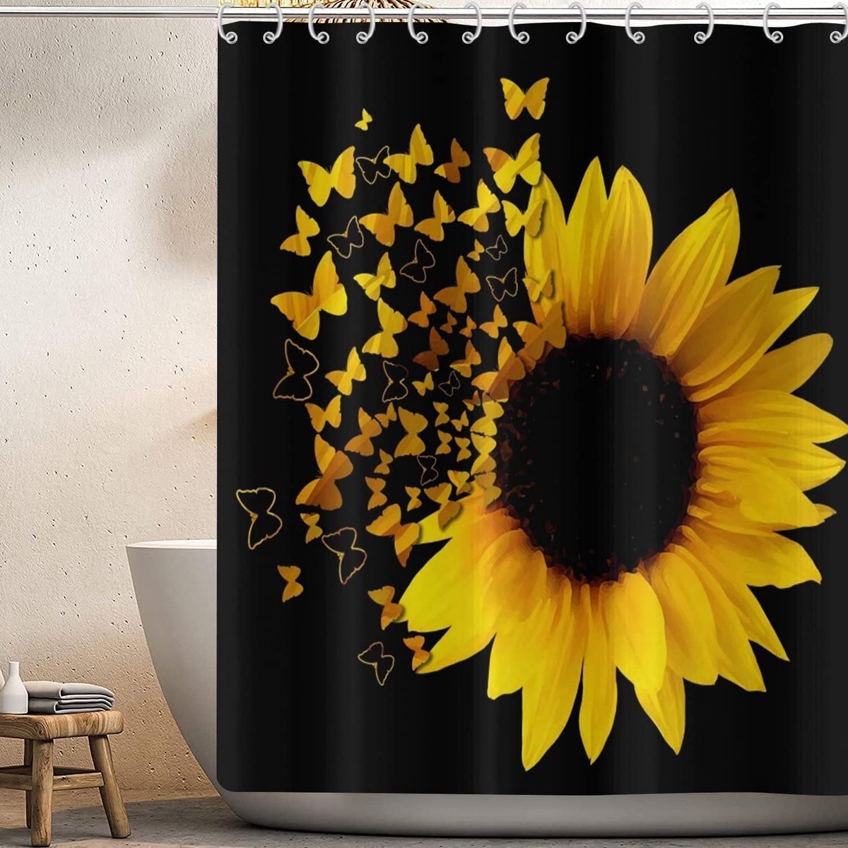 Douchegordijn, 180 x 200 cm, zwart en geel zonnebloemen vlinder abstracte kunst waterdichte stof machinewasbaar - ShopVlot